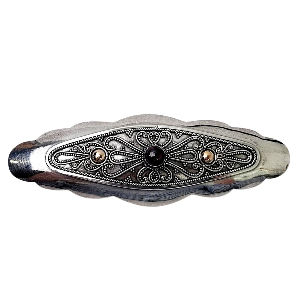 Vintage Indonesian Sterling Silver Filigree Barrette Garnet Stone | 3.5" Long